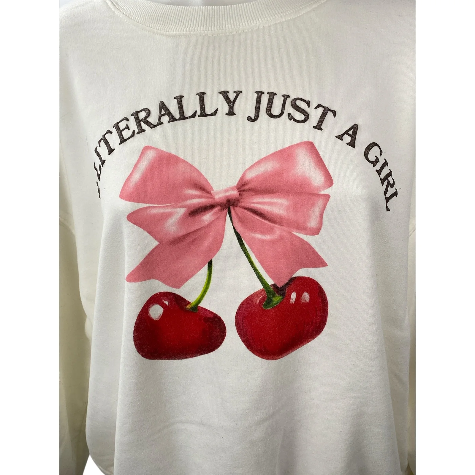 Wound Up Cream Cherry Bow Fleece Just A Girl Long Sleeve Sweatshirt Top Size L - Image 2