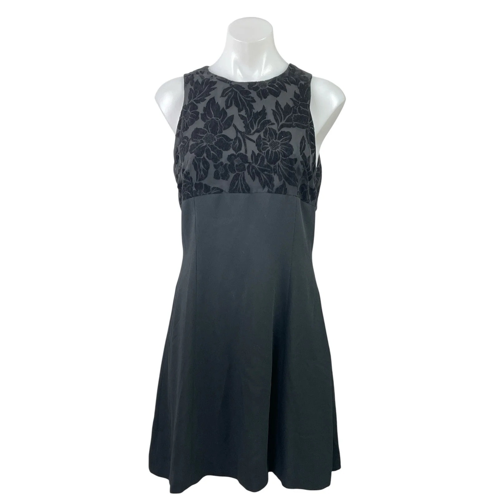 Yves Cossette Black Burnout Velvet Floral Sleeveless Mini Fit & Flare Dress Sz 6