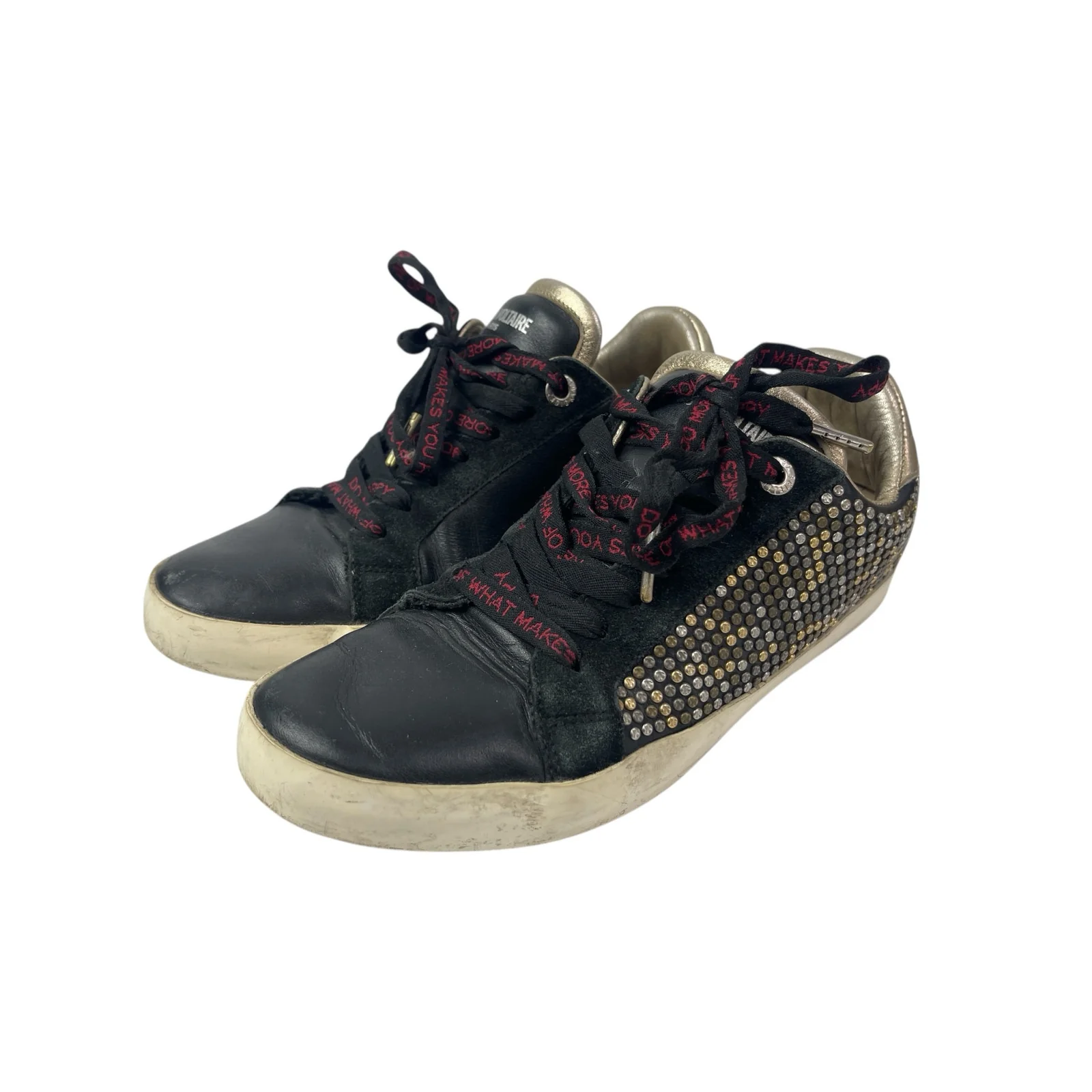 Zadig & Voltaire Black Leather Studded Lace Up Round Toe Sneakers Shoes Size 8.5 - Image 2