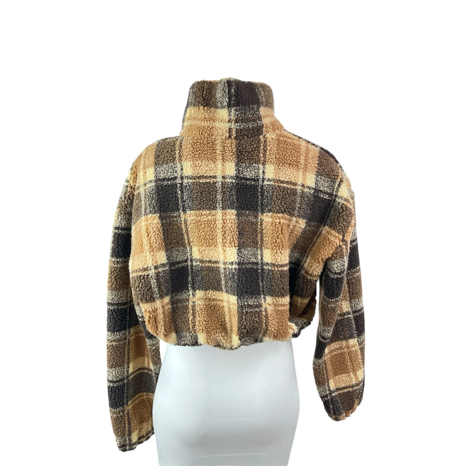 Zaful Beige Plaid Faux Sherpa Fleece Turtleneck Half Zip Cropped Sweater Top M - Image 3