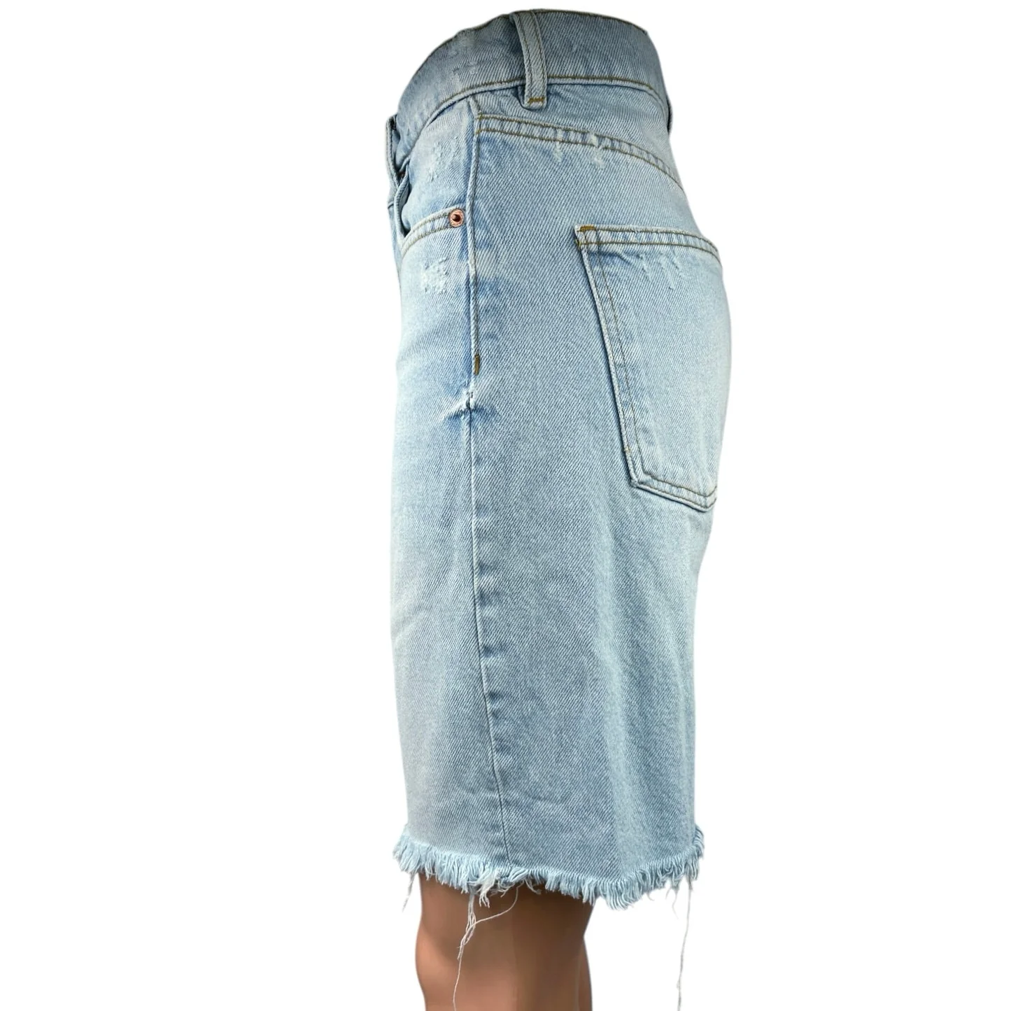 Zara 90's Bermuda Blue Light Wash High Waist Raw Frayed Hem Denim Jeans Shorts 0 - Image 2