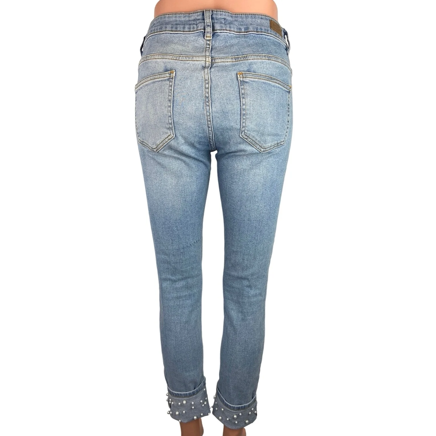 Zara Basic Blue Light Wash Beaded Pearl Cuffed Hem Mid Rise Skinny Jeans Size 6 - Image 3