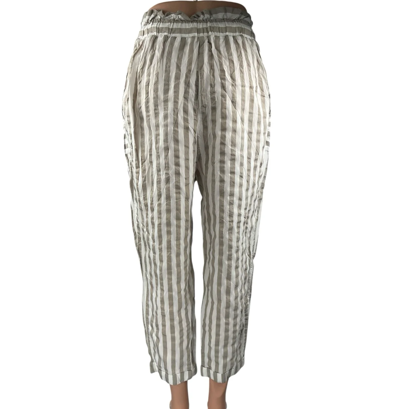 Zara Beige White Striped Tassel Tie High Waisted Tapered Trouser Pants Size M - Image 3