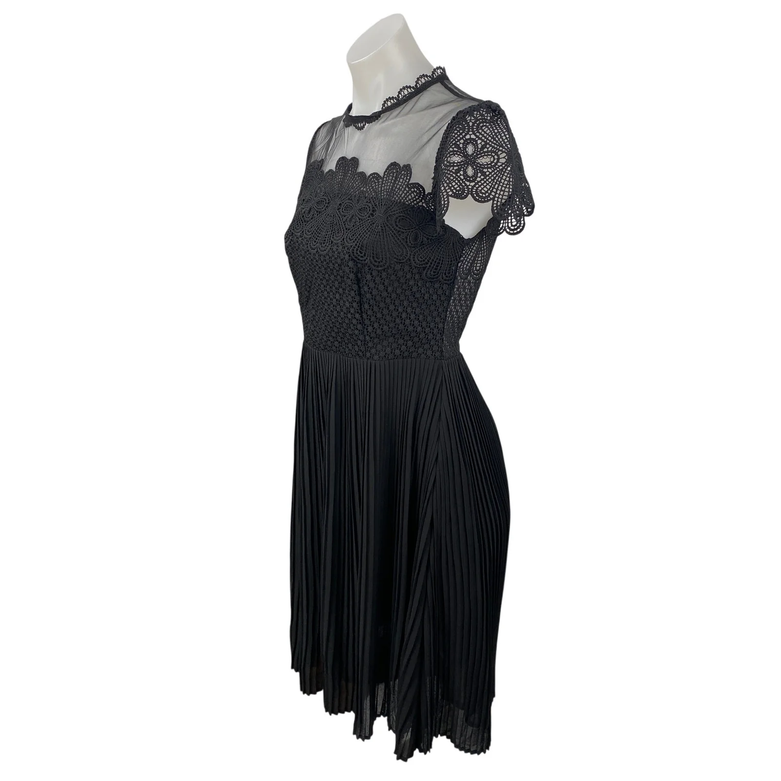 Zara Black Floral Mesh Lace Pleated Fit & Flare A Line Evening Mini Dress Size S - Image 3