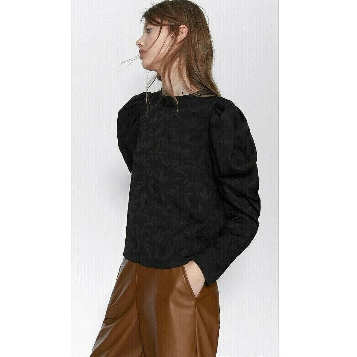 Zara Black Floral Textured Ruched Puff Long Sleeve Crew Neck Blouse Top Size S - Image 3