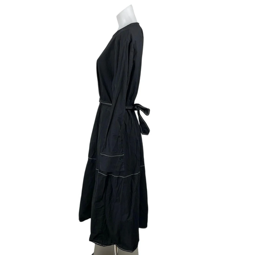 Zara Black Long Sleeve Round Neck Belted Tiered Cotton A Line Midi Dress Sz XXL - Image 3
