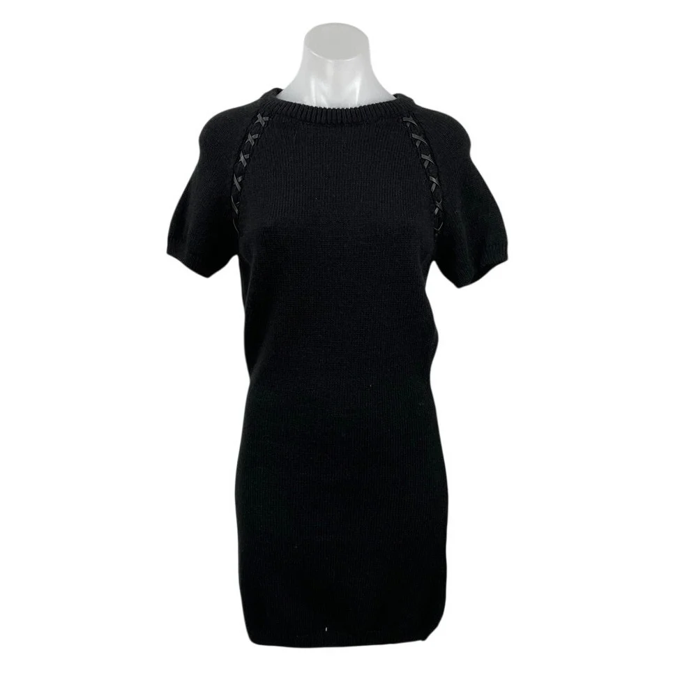 Zara Black Ribbed Knit Woven Metallic Short Sleeve Mini Shift Sweater Dress Sz S