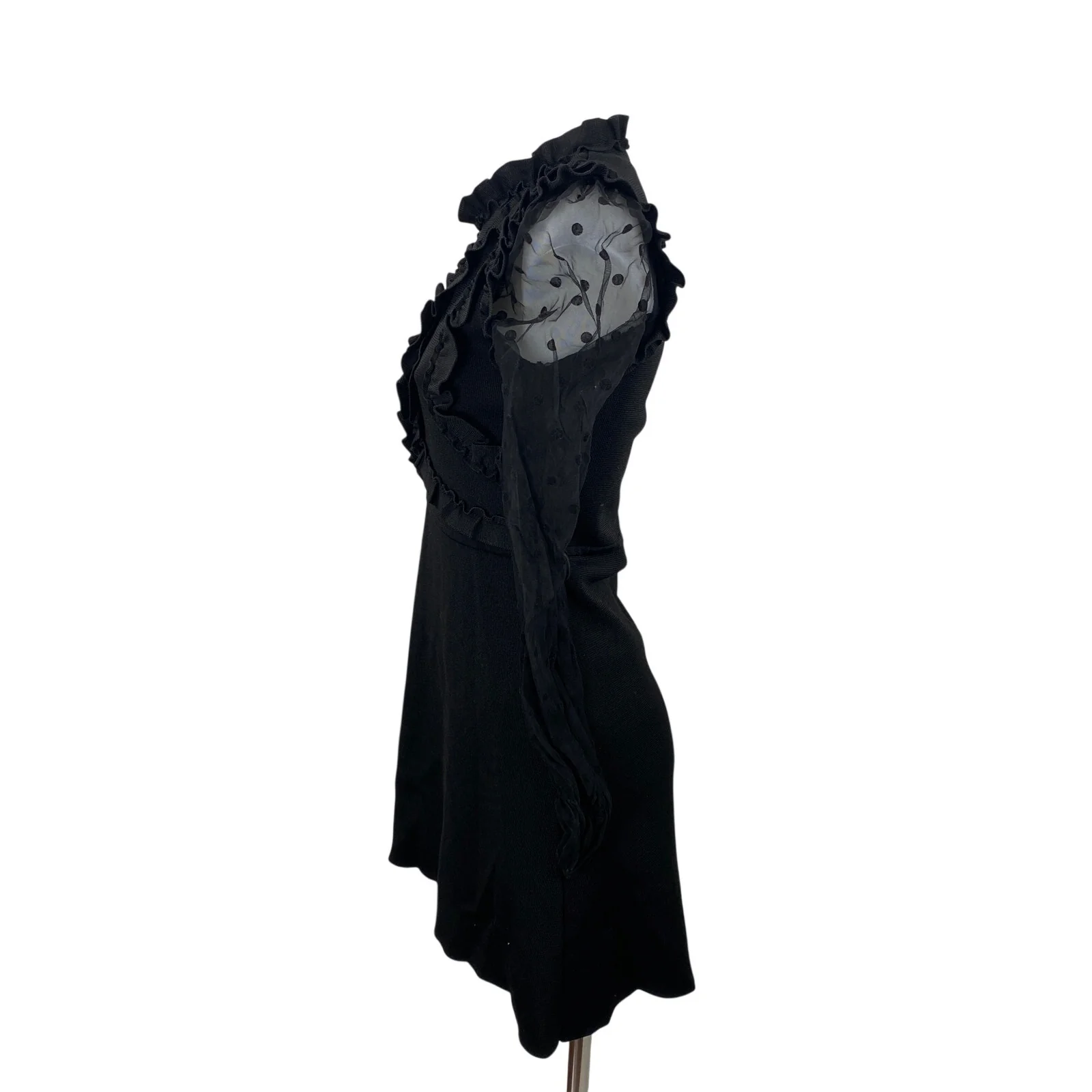 Zara Black Ruffle Mesh Polka Dot Long Sleeve Mock Neck A Line Mini Dress Size M - Image 3
