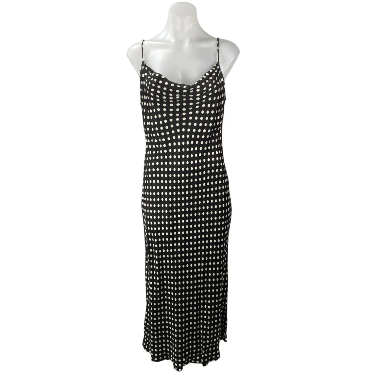 Zara Black Satin Sleeveless Polka Dots Cami Cowl Neck Midi Slip Tank Dress Sz M