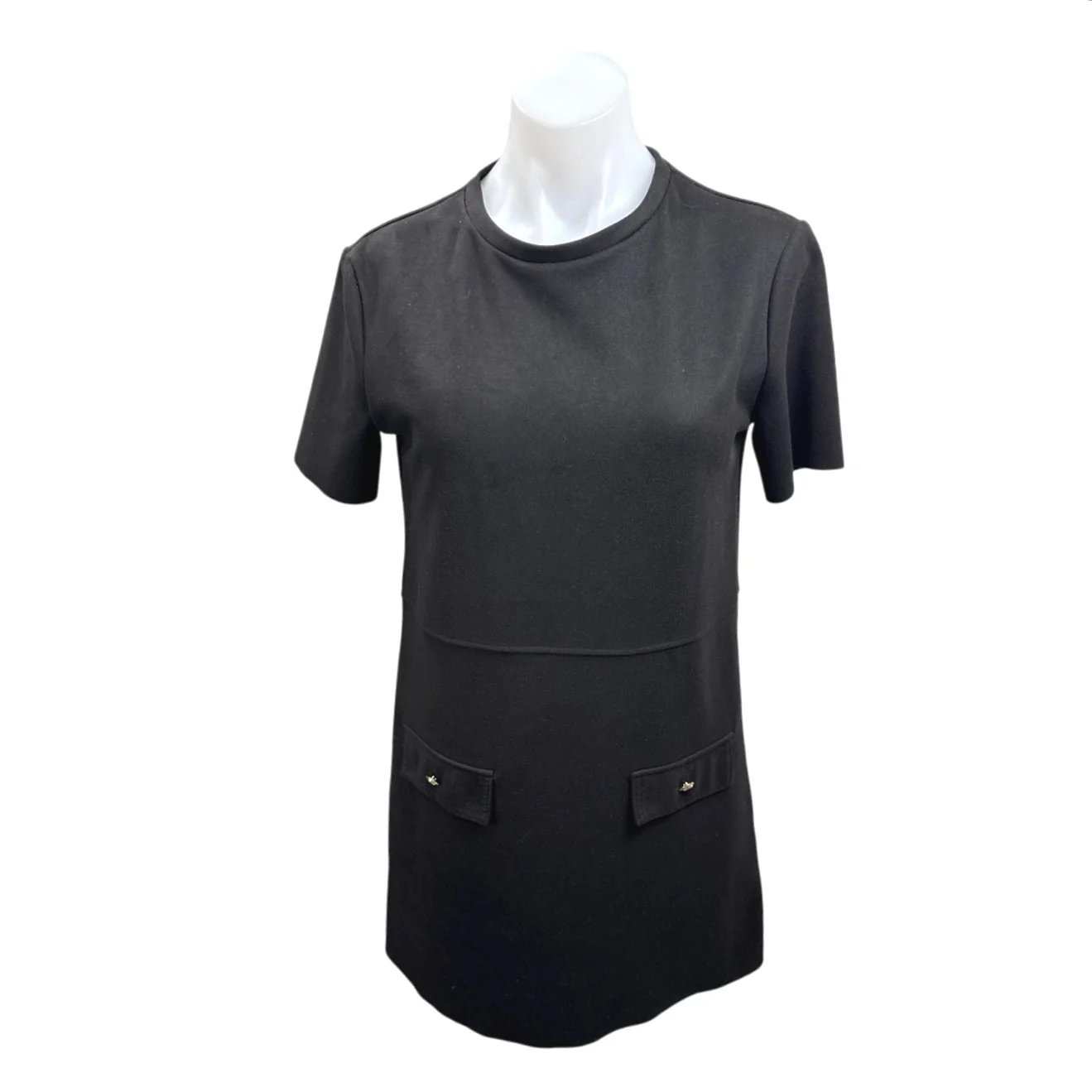 Zara Black Short Sleeve Crew Neck T Shirt Tee Shift Faux Pocket Mini Dress Sz S