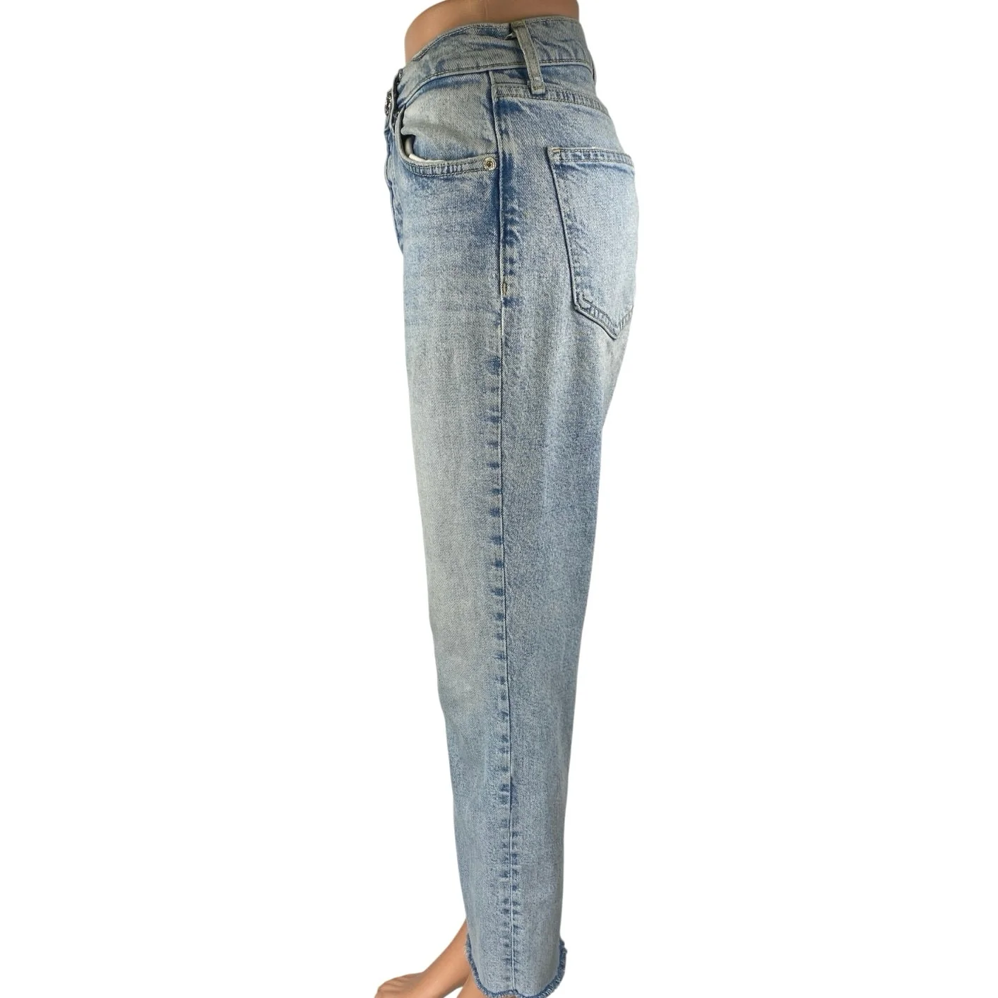 Zara Blue High Waisted Frayed Raw Hem Button Fly Straight Denim Jeans Pants Sz 6 - Image 2