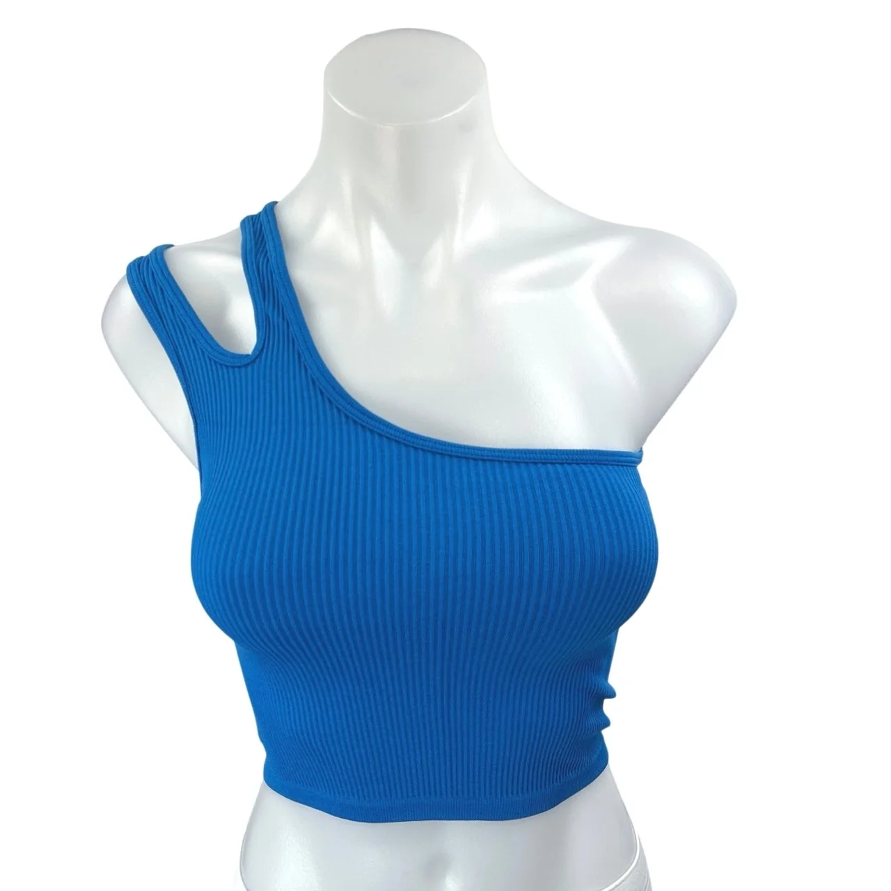 Zara Blue Sleeveless Rib Knit One Shoulder Cutout Pullover Crop Tank Top Sz XS/S