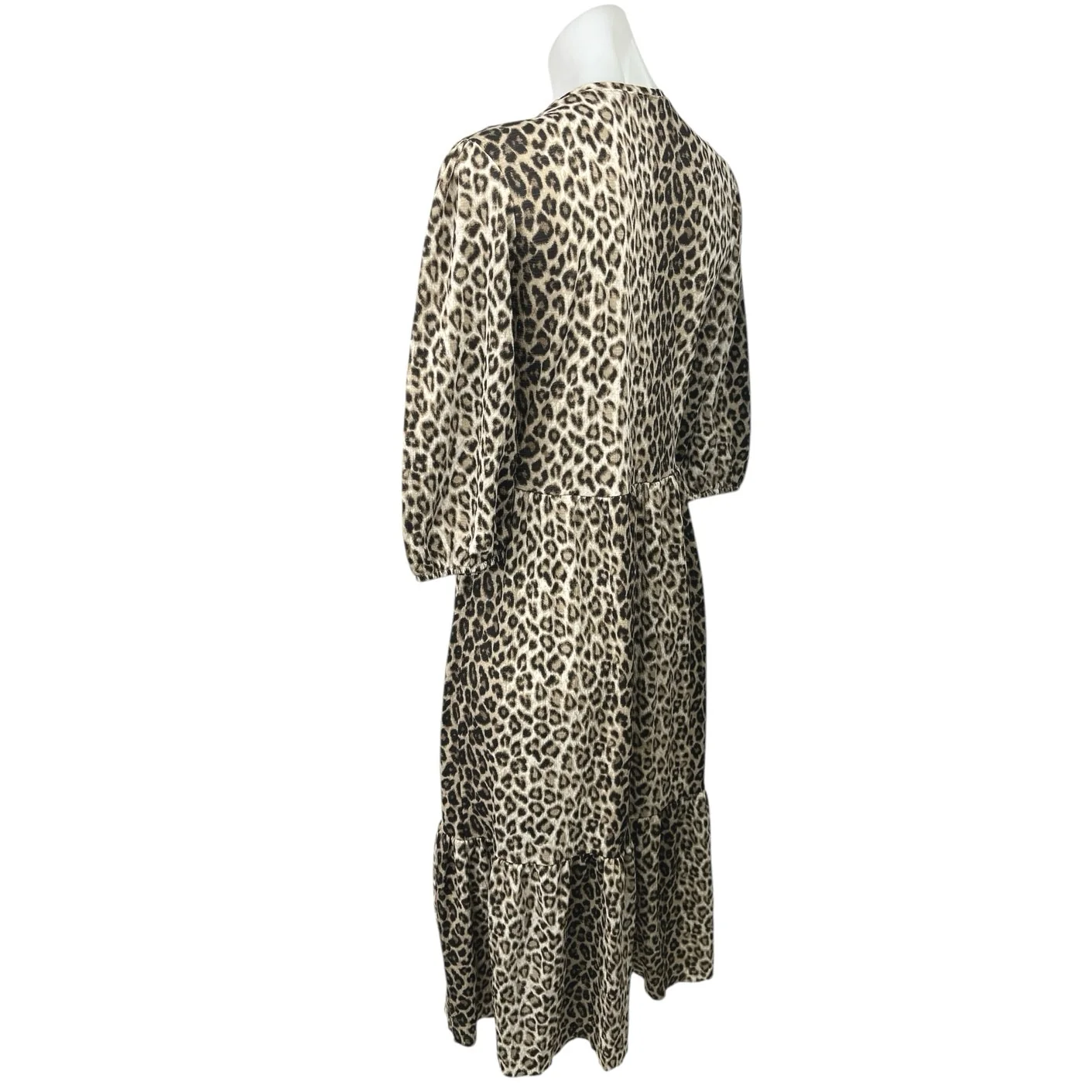 Zara Brown Black Leopard Animal Print 3/4 Sleeve Tiered Midi A-line Dress Size S - Image 2