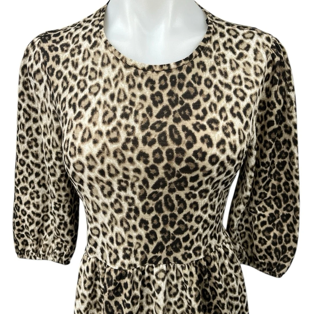 Zara Brown Black Leopard Animal Print 3/4 Sleeve Tiered Midi A-line Dress Size S - Image 3