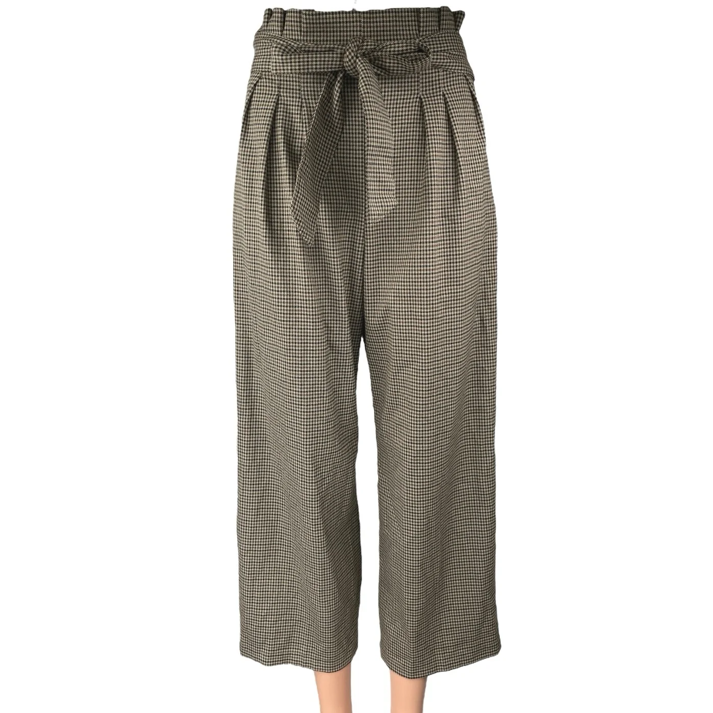 Zara Brown Houndstooth Checkered Paper Bag High Rise Wide Leg Trousers Pants XS