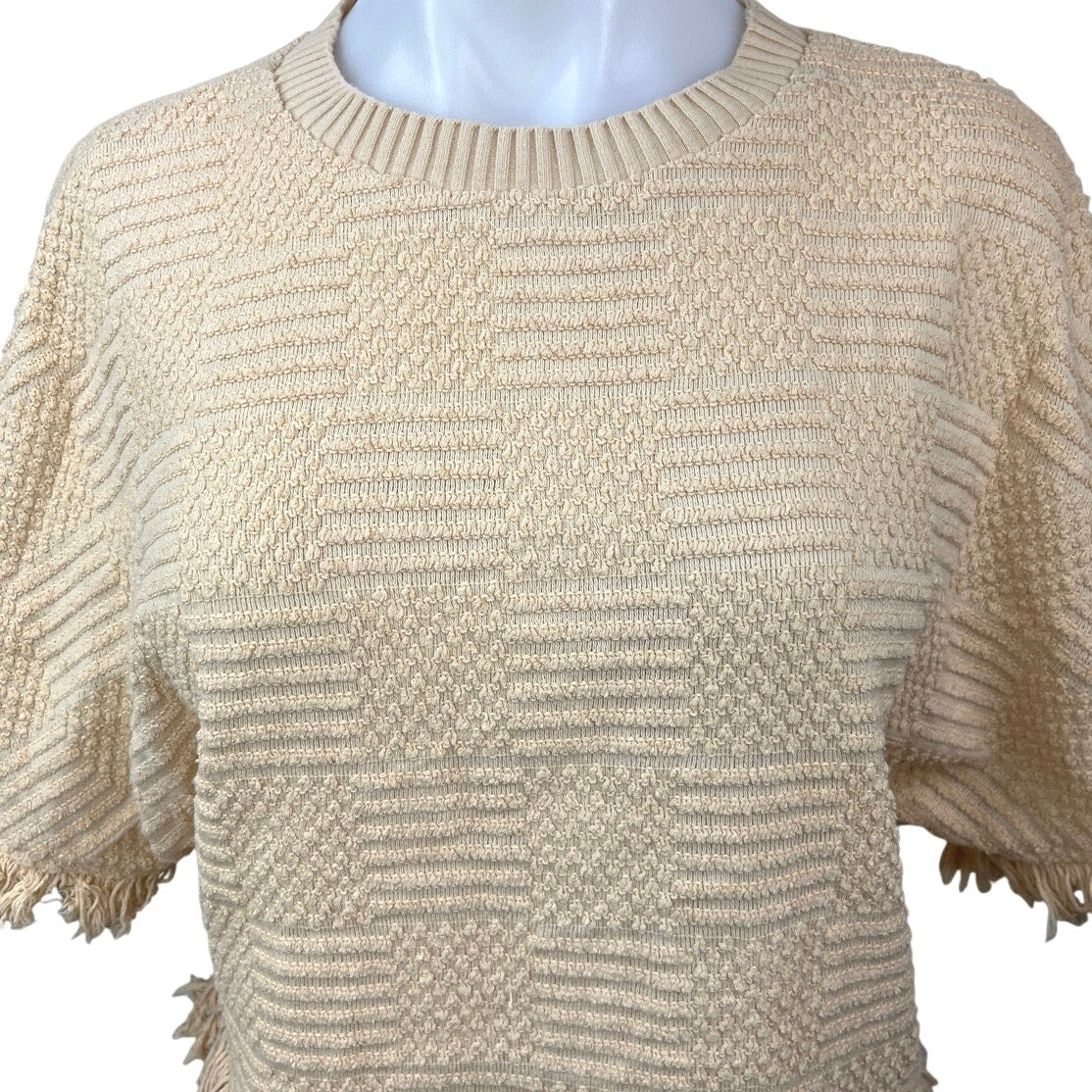Zara Cream Beige Textured Knit Fringe Crewneck Short Sleeve Sweater Top Size XS - Image 2