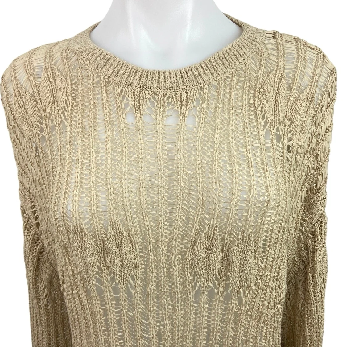 Zara Gold Knit Crochet Crew Neck Long Sleeve Sheer Pullover Sweater Top Size XL - Image 3