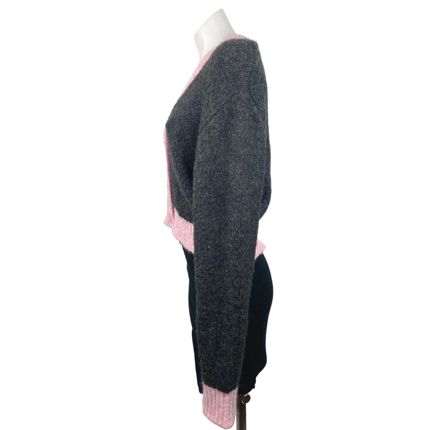 Zara Gray Pink Trim V-Neck Chunky Knit Long Sleeve Cropped Cardigan Sweater Sz S - Image 2