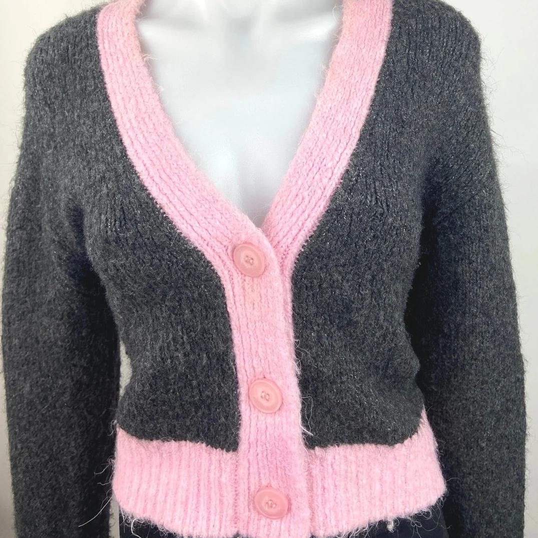 Zara Gray Pink Trim V-Neck Chunky Knit Long Sleeve Cropped Cardigan Sweater Sz S - Image 4