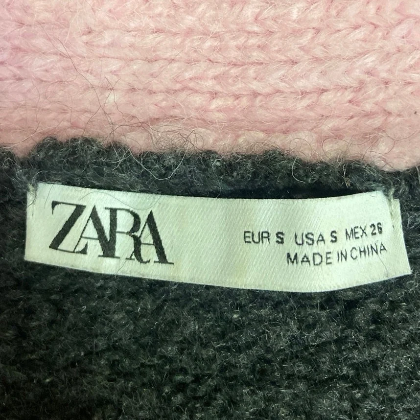 Zara Gray Pink Trim V-Neck Chunky Knit Long Sleeve Cropped Cardigan Sweater Sz S - Image 5
