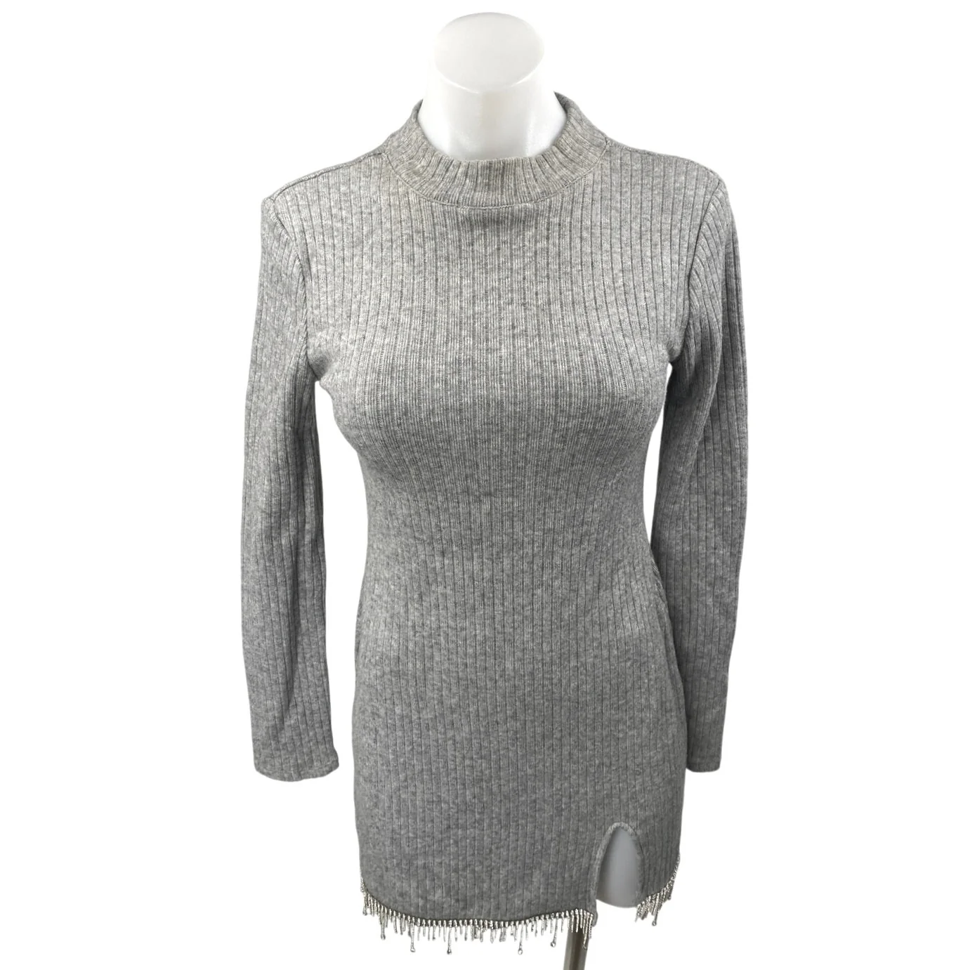 Zara Gray Rib Knit Jeweled Rhinestone Fringe Long Sleeve Mini Bodycon Dress Sz M