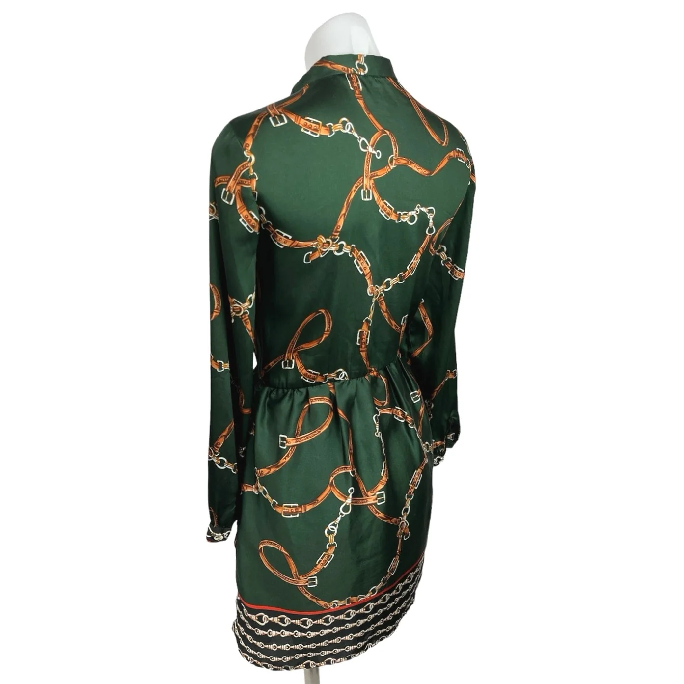 Zara Green Chain Print Pleated Front Long Sleeve Button Mini A-Line Dress Sz XS - Image 2