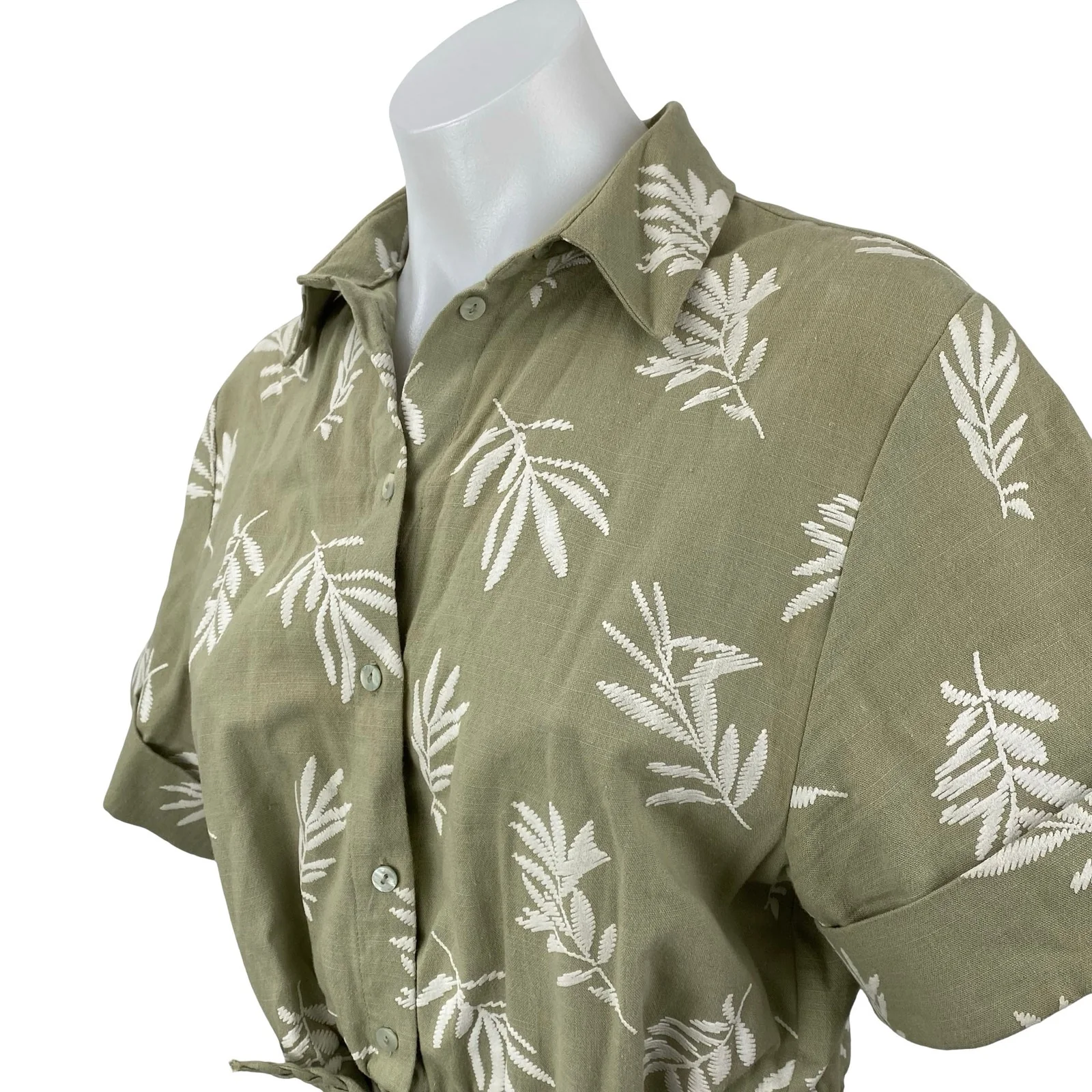 Zara Green Embroidered Leaf Linen Short Sleeve Belt A Line Mini Shirt Dress M - Image 3