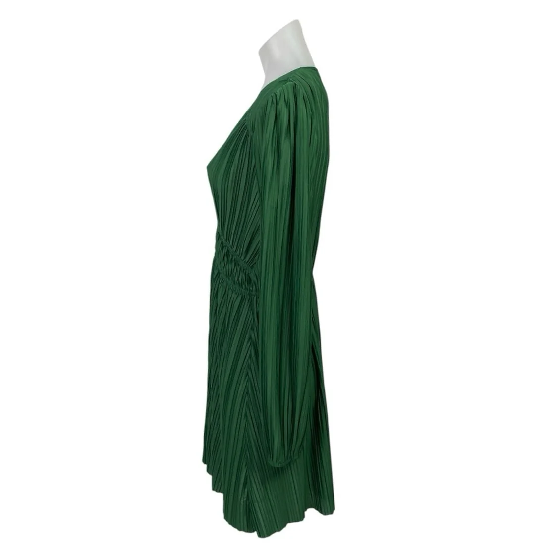 Zara Green Silk Satin Pleated Plisse Long Sleeve V Neck Fit & Flare Mini Dress M - Image 2