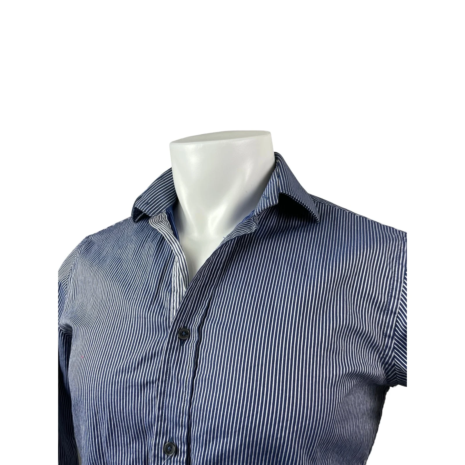 Zara Men Navy Blue Pinstriped Tailored Long Sleeve Button Down Shirt Top Size 14 - Image 4