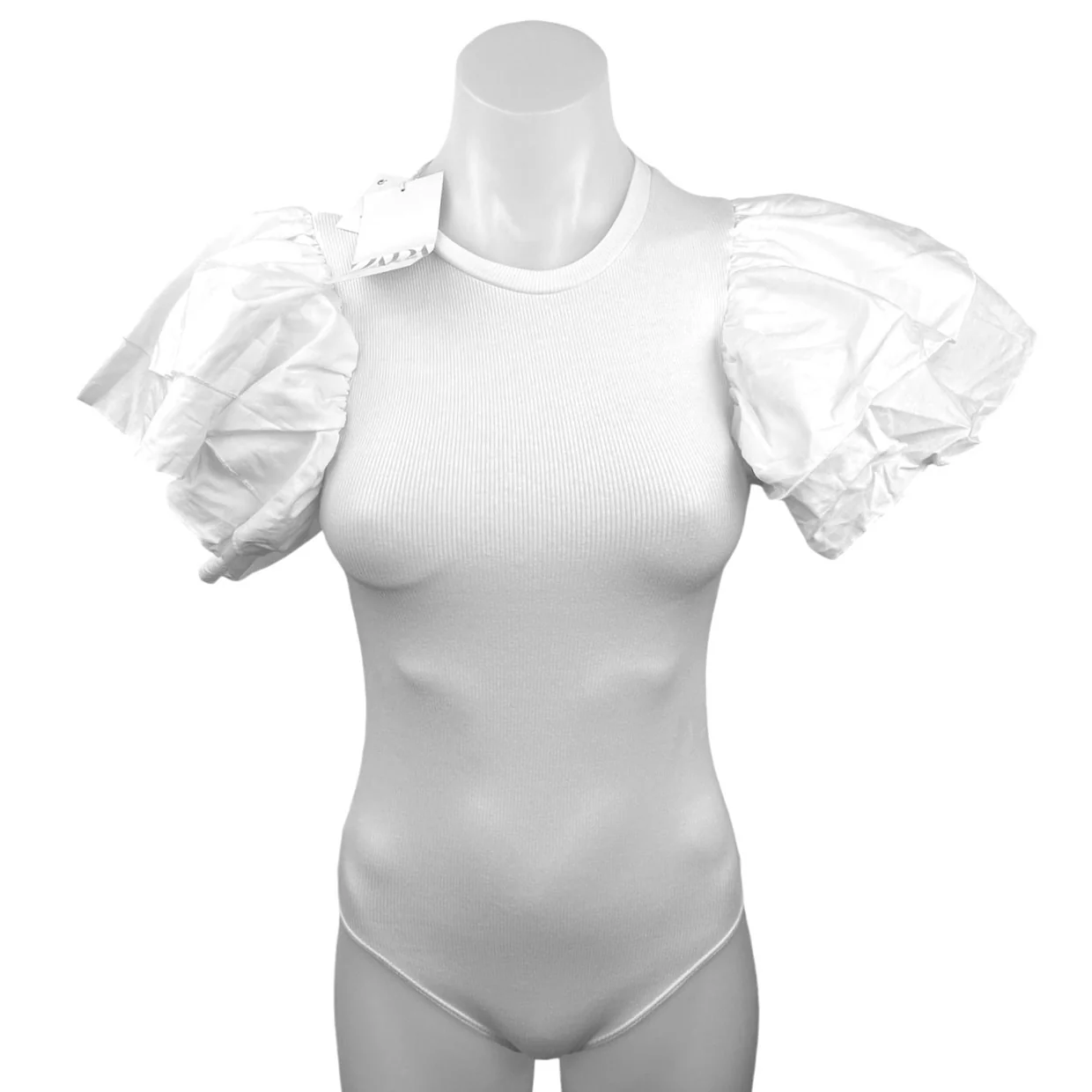 Zara NWT White Ribbed Knit Ruffle Sleeve Crew Neck Bodysuit Blouse Top Size S - Image 2