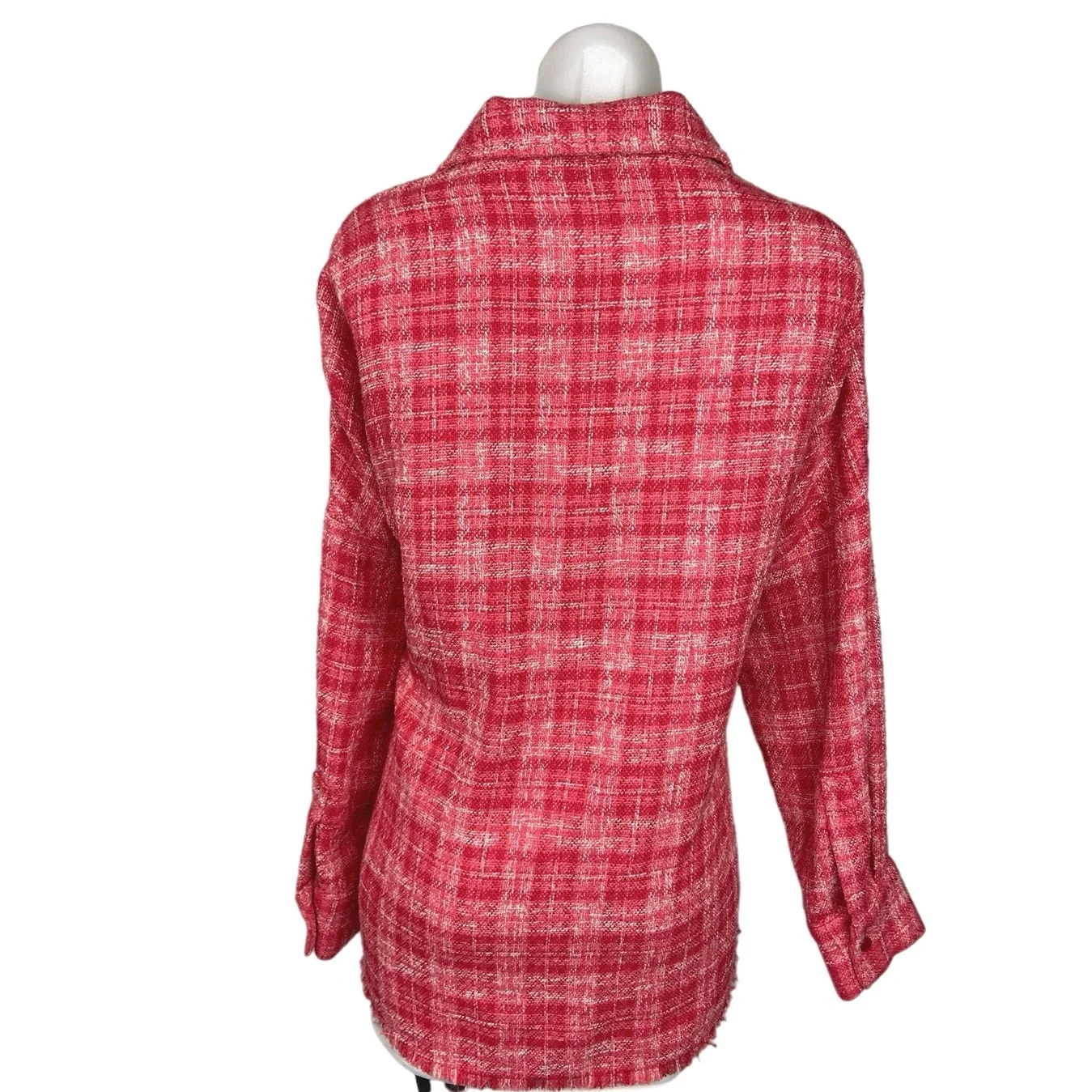 Zara Pink Plaid Tweed Button Front Long Sleeve Pockets Oversized Shirt Jacket L - Image 2