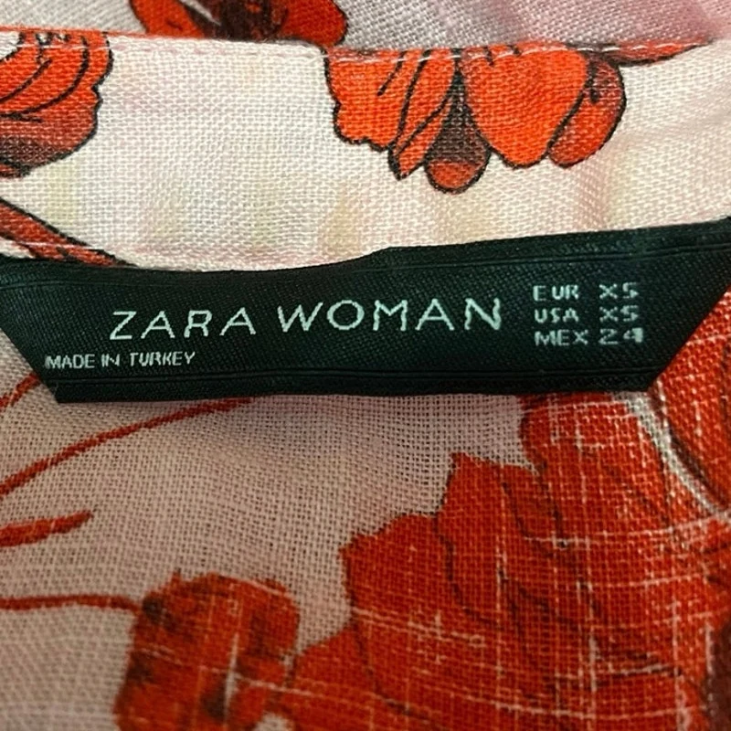 Zara Pink Red Linen Floral Sleeveless Button Down Tie Waist Fit & Flare Dress XS - Image 4