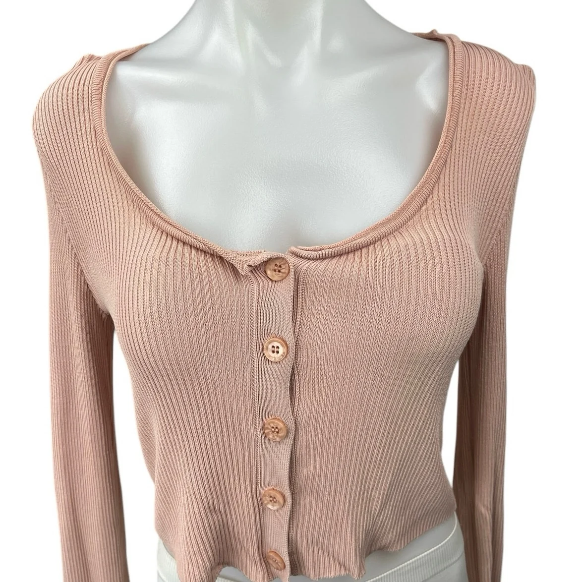 Zara Pink Ribbed Knit Button Down Long Sleeve Crop Cardigan Sweater Top Size S - Image 3