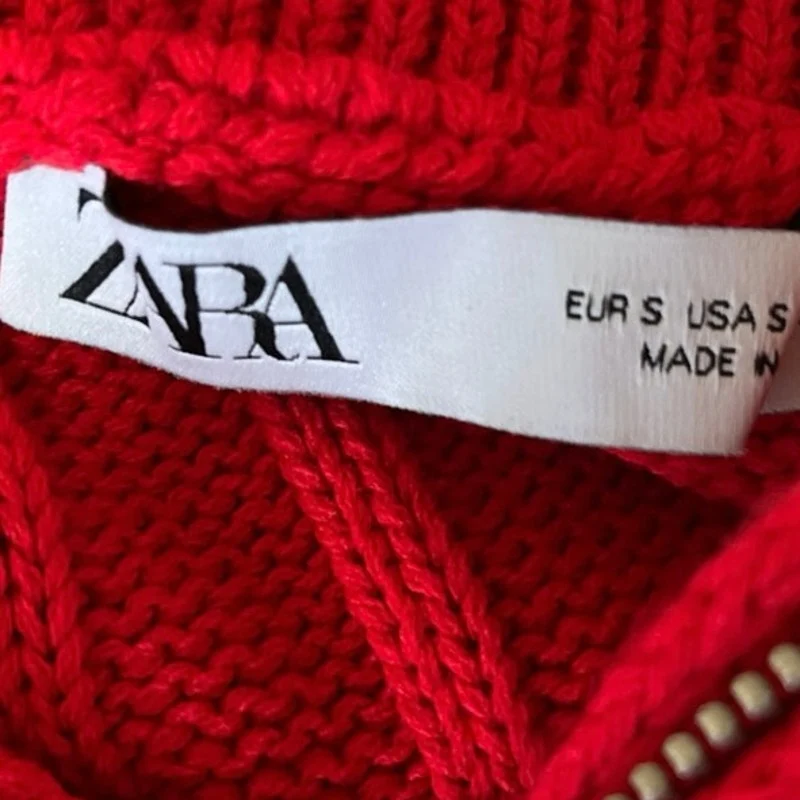 Zara Red Cable Knit 1/4 Zip High Neck Collared Long Sleeve Crop Sweater Top Sz S - Image 4