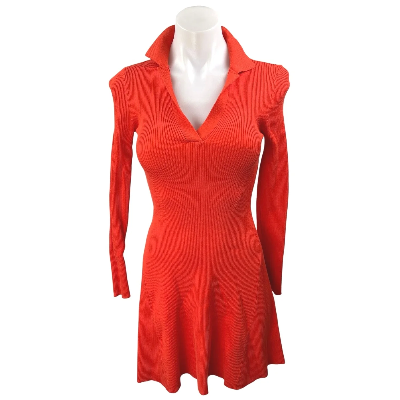 Zara Red Orange Rib Knit V-neck Long Sleeve Collar Mini Polo Sweater Dress Sz S