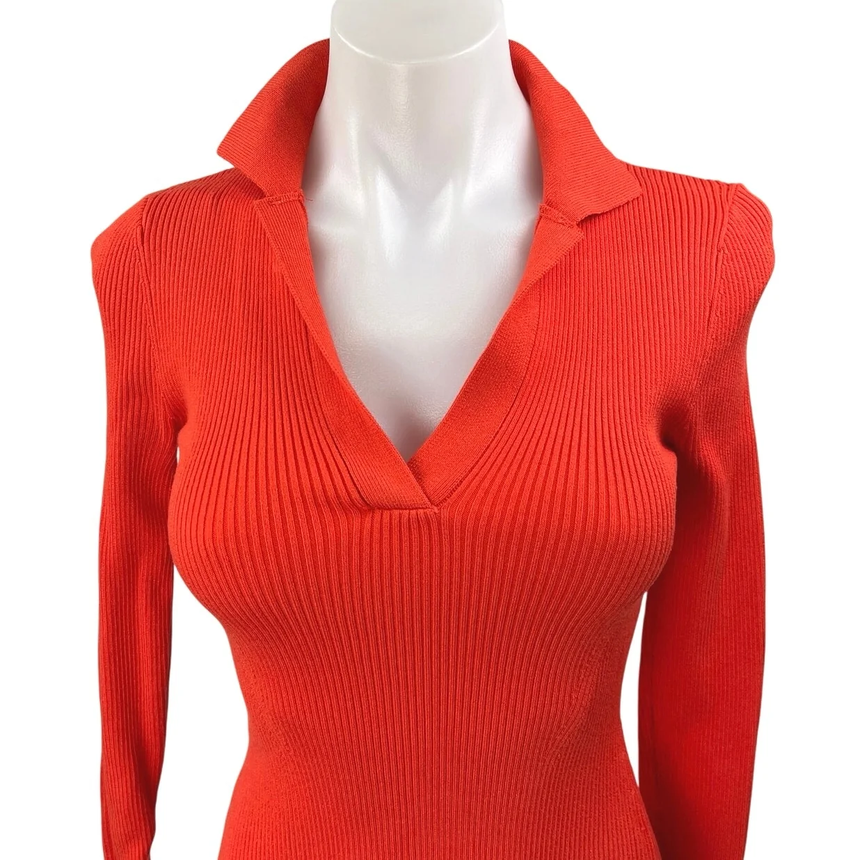 Zara Red Orange Rib Knit V-neck Long Sleeve Collar Mini Polo Sweater Dress Sz S - Image 3