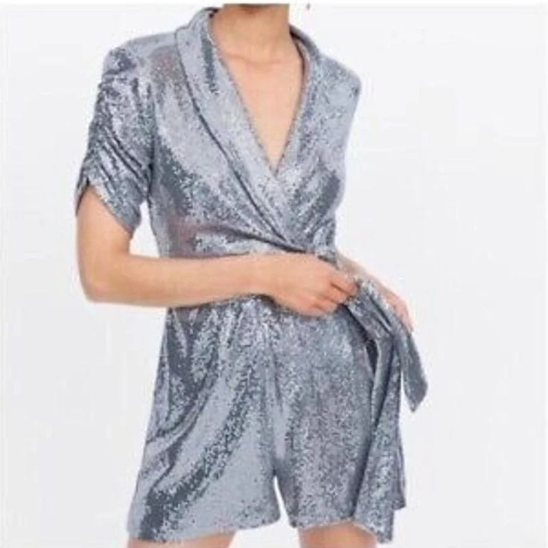 Zara Silver Metallic Sequin Sparkly Shimmer Short Sleeve Wrap Romper Shorts Sz S - Image 2