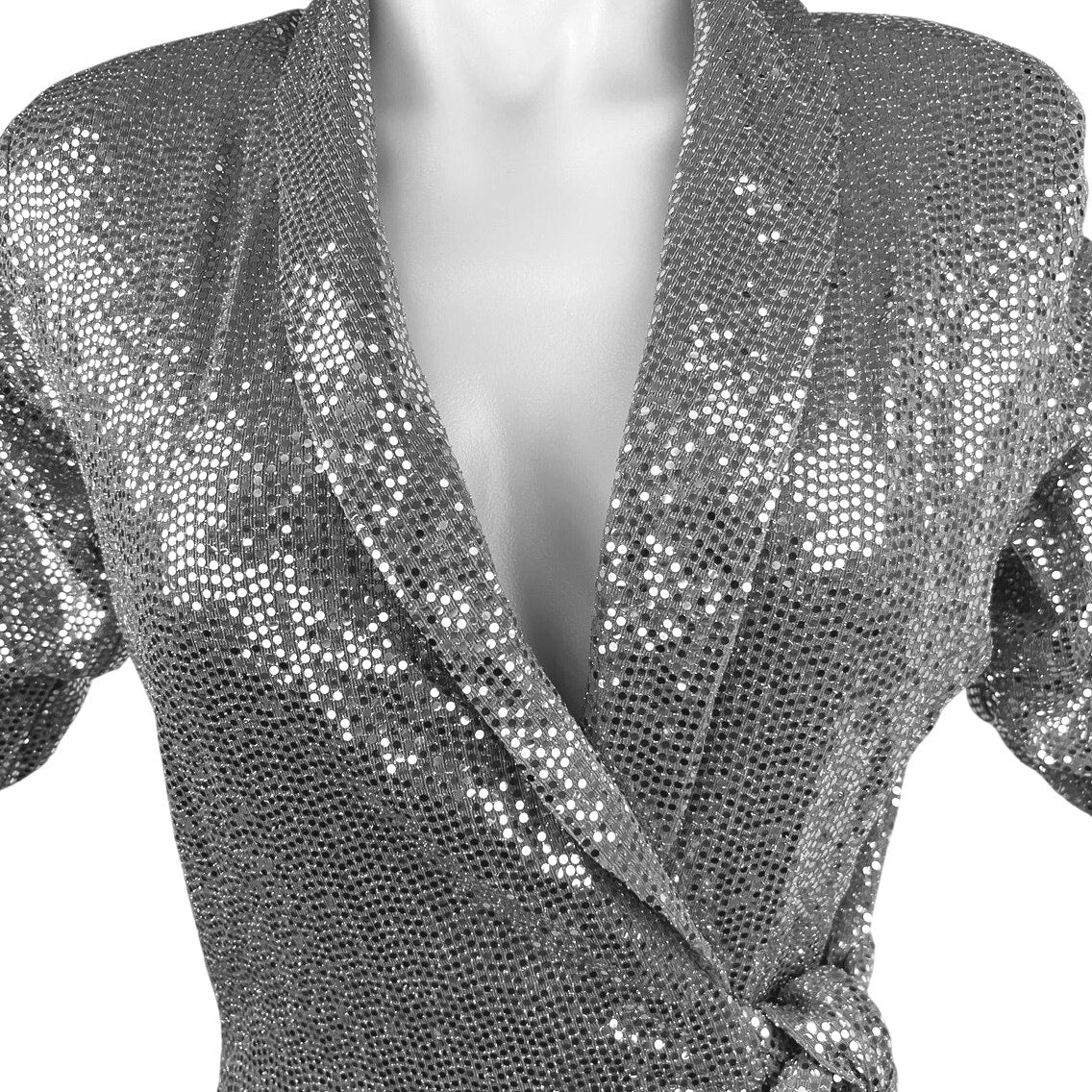Zara Silver Metallic Sequin Sparkly Shimmer Short Sleeve Wrap Romper Shorts Sz S - Image 4
