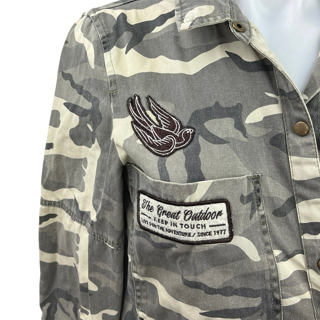 Zara Trafaluc Gray Camo Army Snap Button Patches Collar Long Sleeve Shirt Top XS - Image 3