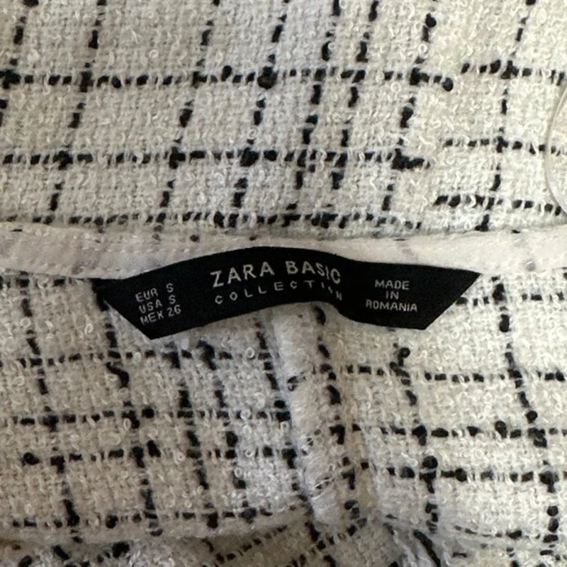 Zara White Black Plaid Short Sleeve Frayed Ruffle Tweed Mini Shift Dress Size S - Image 4