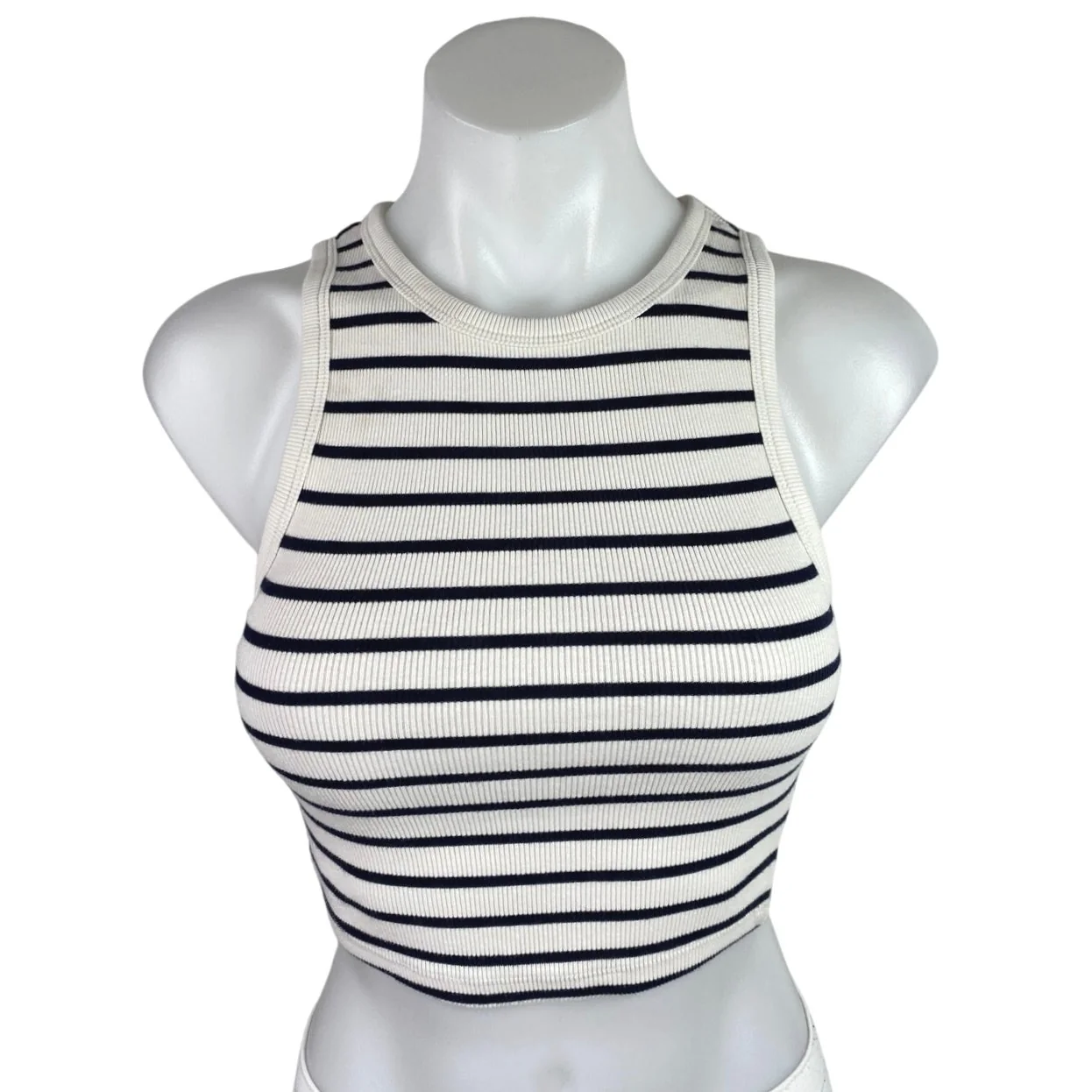 Zara White Black Striped Ribbed Knit Sleeveless High Neck Tank Crop Top Size S