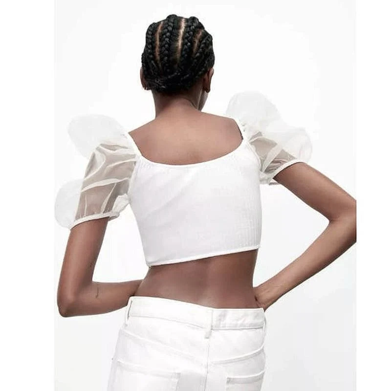 Zara White Combined Organza Knit Puff Sleeve Square Neck Cropped Blouse Top Sz S - Image 4