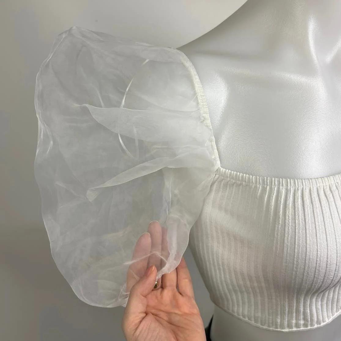 Zara White Combined Organza Knit Puff Sleeve Square Neck Cropped Blouse Top Sz S - Image 5