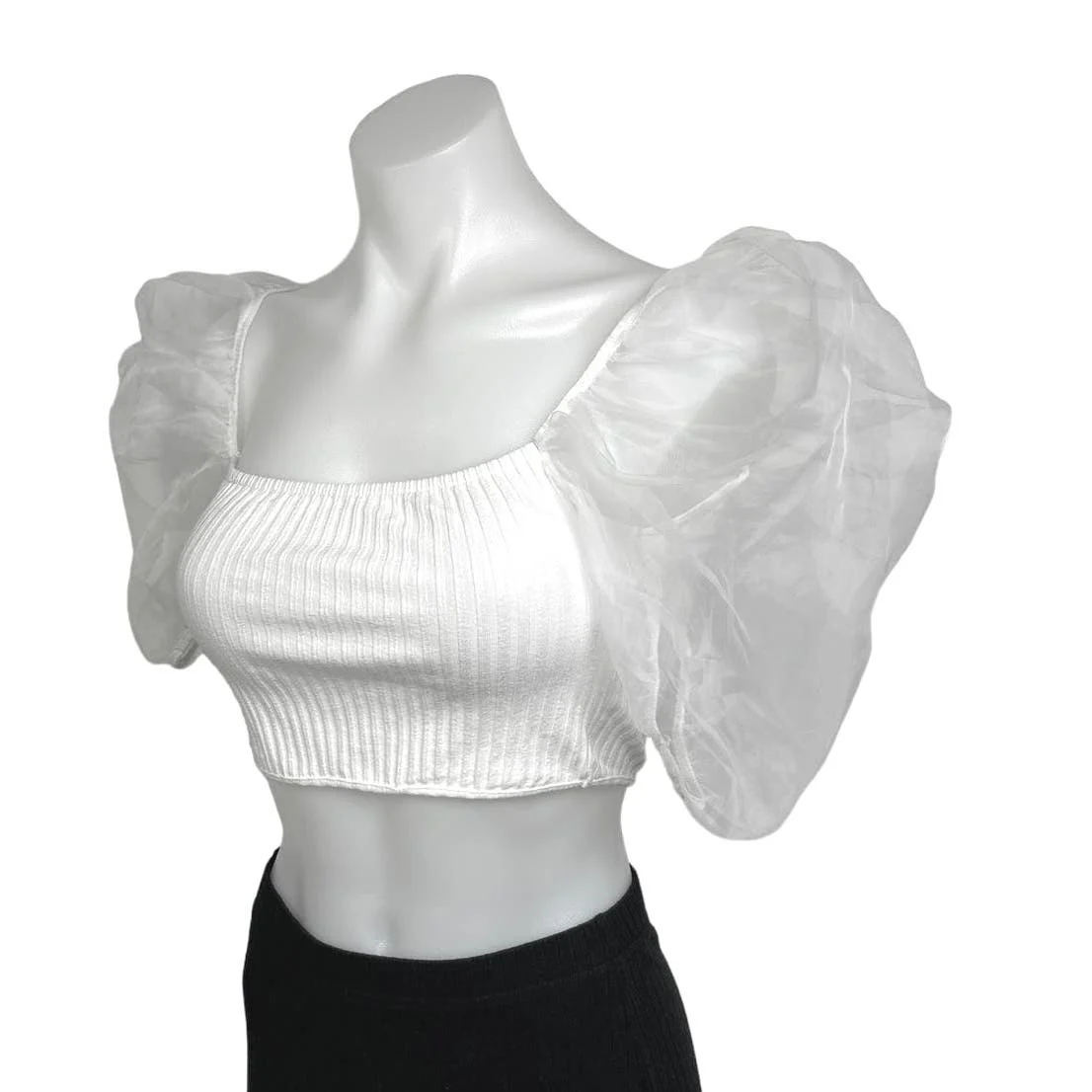 Zara White Combined Organza Knit Puff Sleeve Square Neck Cropped Blouse Top Sz S - Image 6