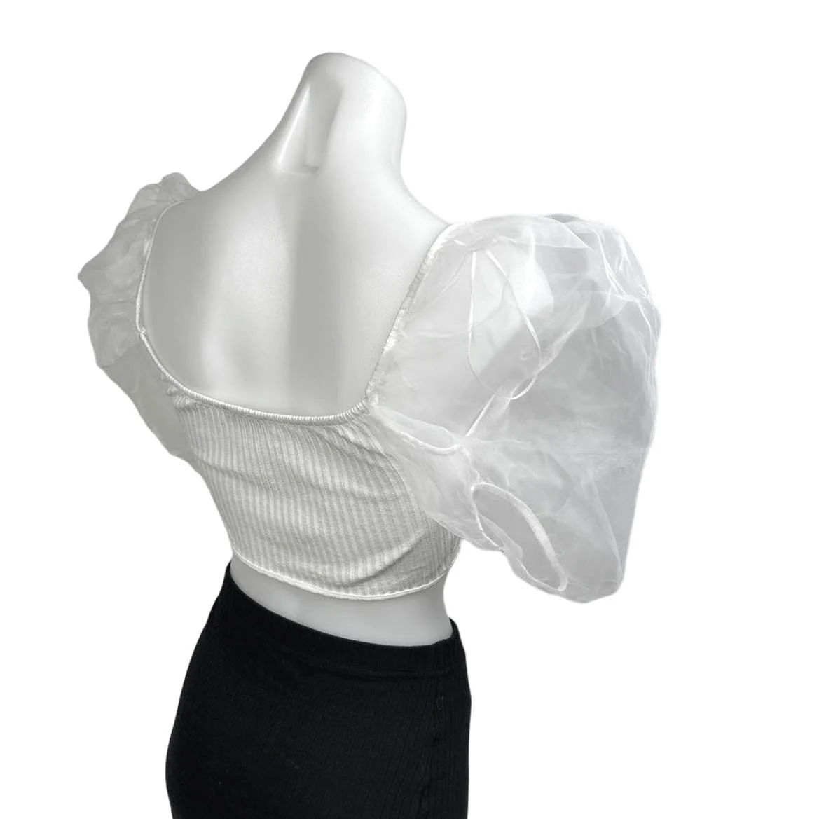 Zara White Combined Organza Knit Puff Sleeve Square Neck Cropped Blouse Top Sz S - Image 7