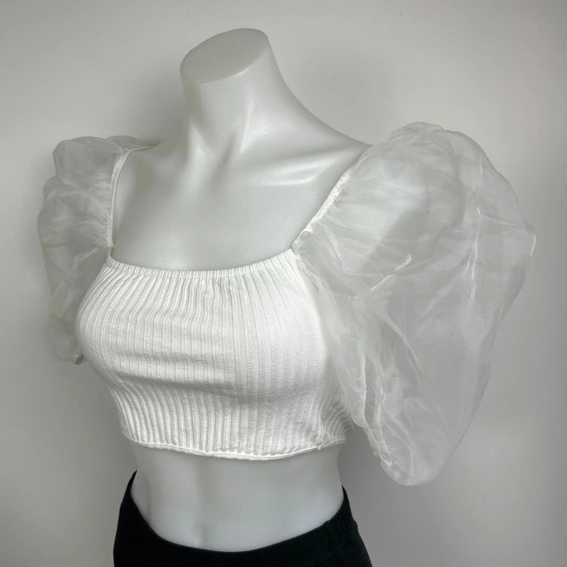 Zara White Combined Organza Knit Puff Sleeve Square Neck Cropped Blouse Top Sz S - Image 8