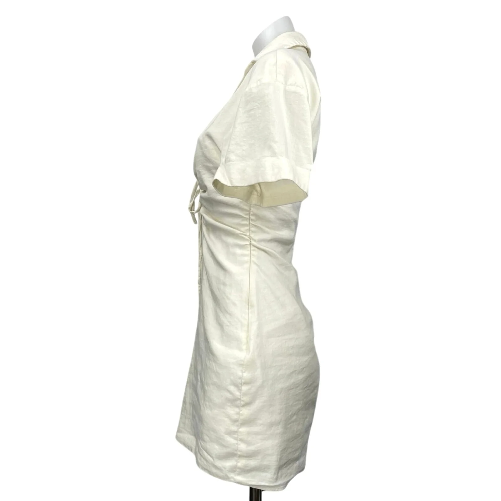 Zara White Linen Collared Short Sleeve Tie Keyhole Mini Bodycon Shirt Dress Sz M - Image 3