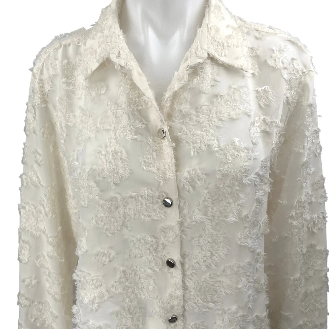 Zara White Textured Jacquard Floral Long Sleeve Button Down Shirt Blouse Top M - Image 3