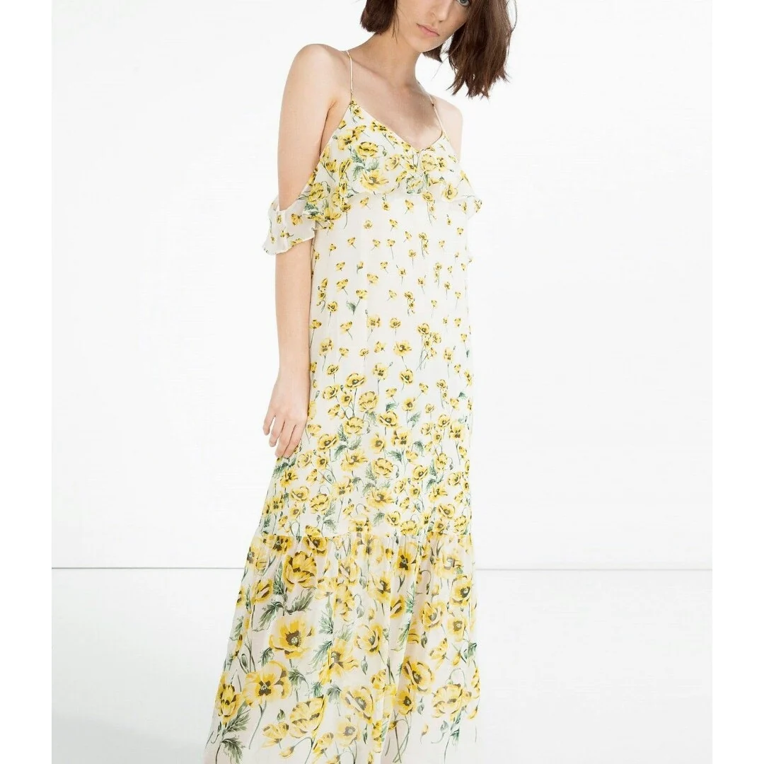 Zara White Yellow Cold Shoulder Floral Scoop Neck Cami Cross Back Midi Dress S - Image 3