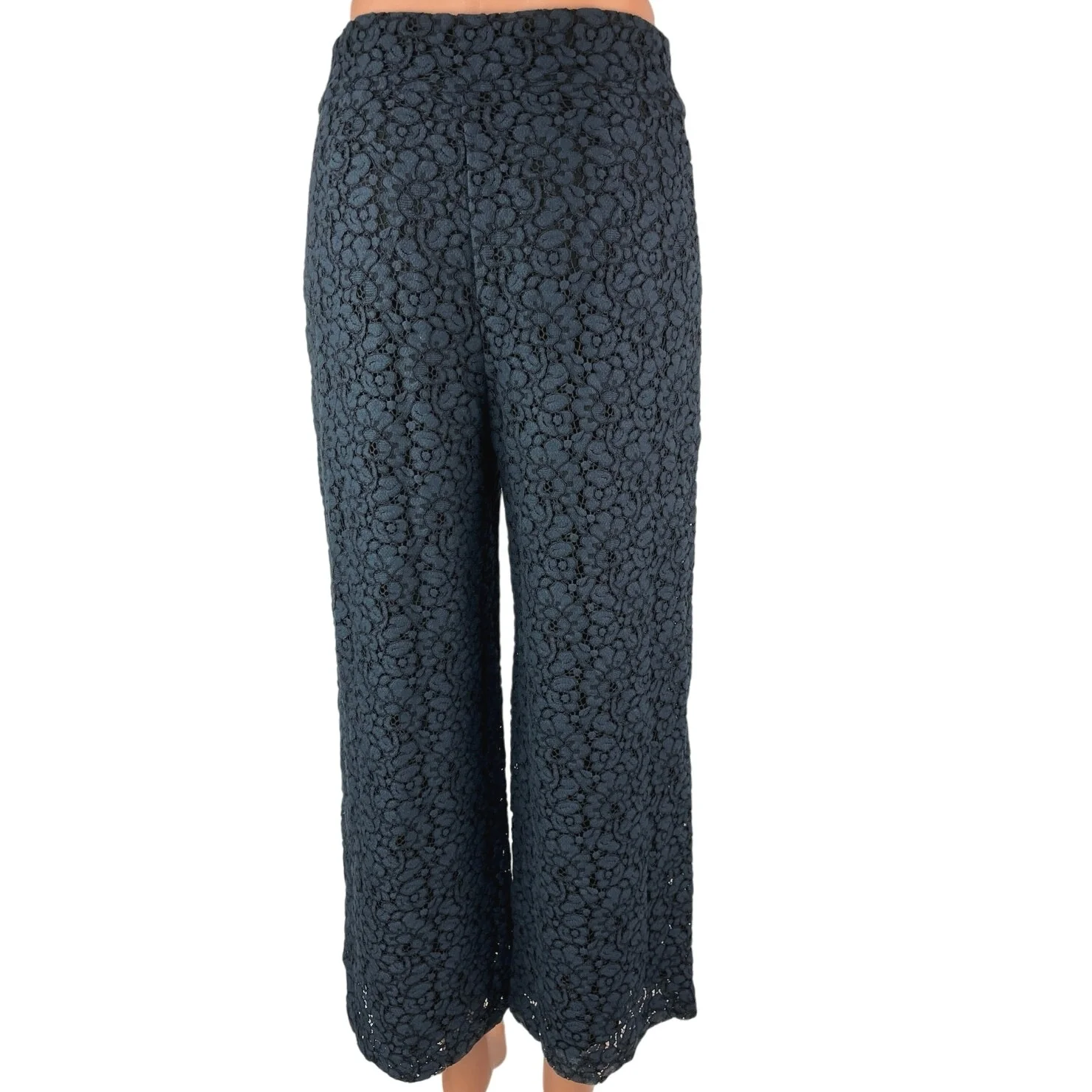 Zara Woman Navy Blue Floral Lace High Rise Cropped Wide Leg Trouser Pants Size S - Image 3